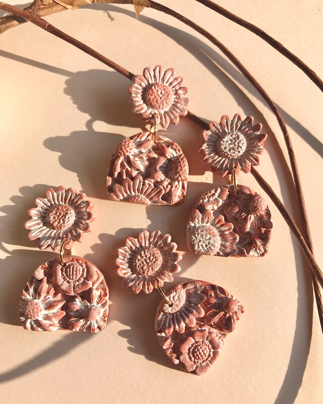 Glazed Terracotta polymer clay floral sunflower earrings, fall earrings, frosted terra cotta, floral textured earrings, modern earrings